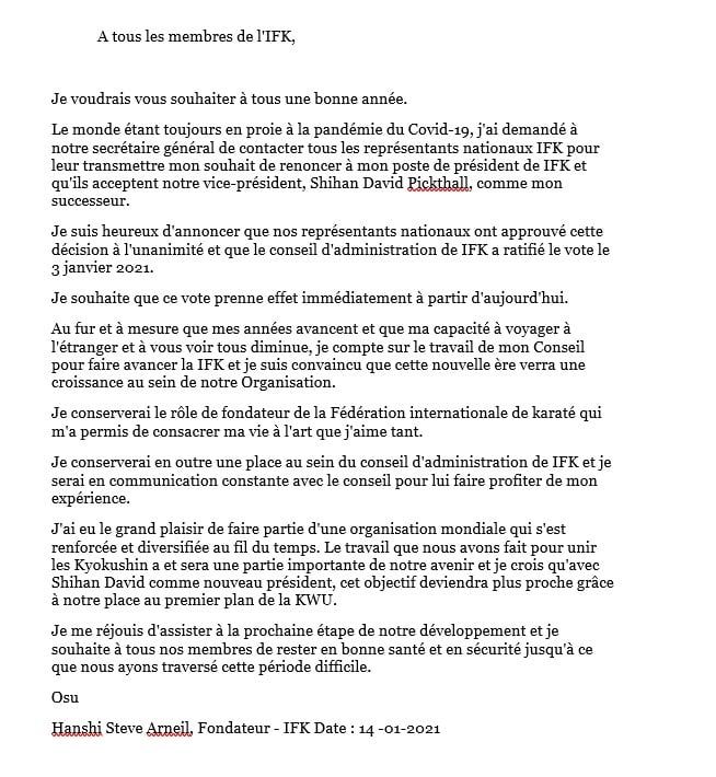 Traduction de la lettre de Hanshi Steve Arneil par Shihan Gaétan Sauvé