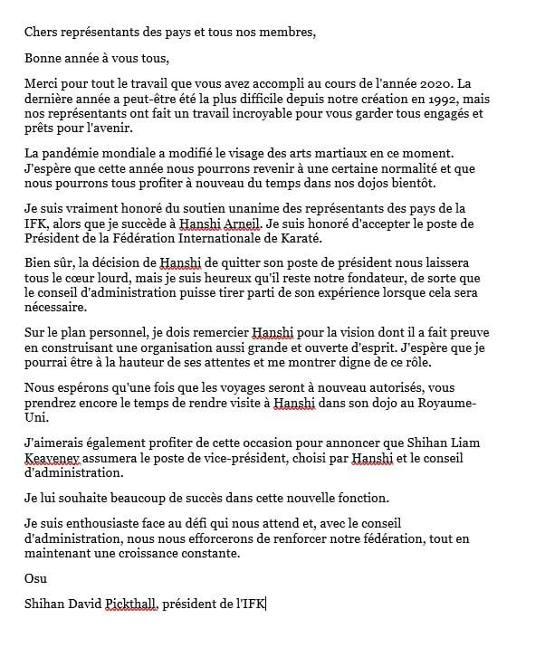 Traduction de la lettre de Shihan David Picktall par Shihan Gaétan Sauvé
